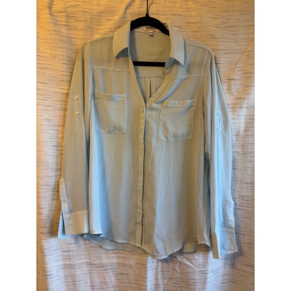 Express The Portofino Shirt Light Blue Roll Tab Sleeve Button Down Blouse Medium